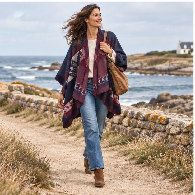 Cape Poncho Femme Ethnique – Bordeaux / Adulte, porté en mouvement au bord de l’océan