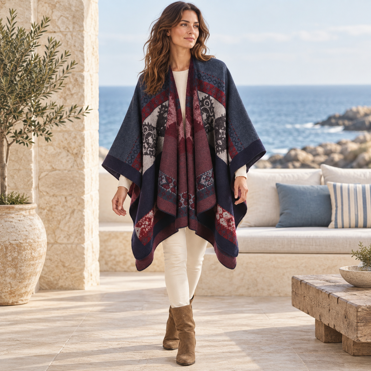 Cape Poncho Femme Ethnique – Bordeaux / Adulte, visuel principal lifestyle