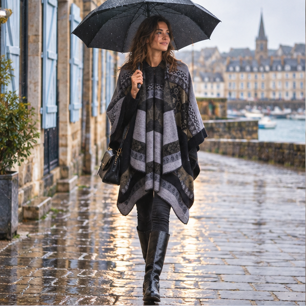 Cape Poncho Femme Ethnique – Noir / Adulte, en situation sur la côte Atlantique