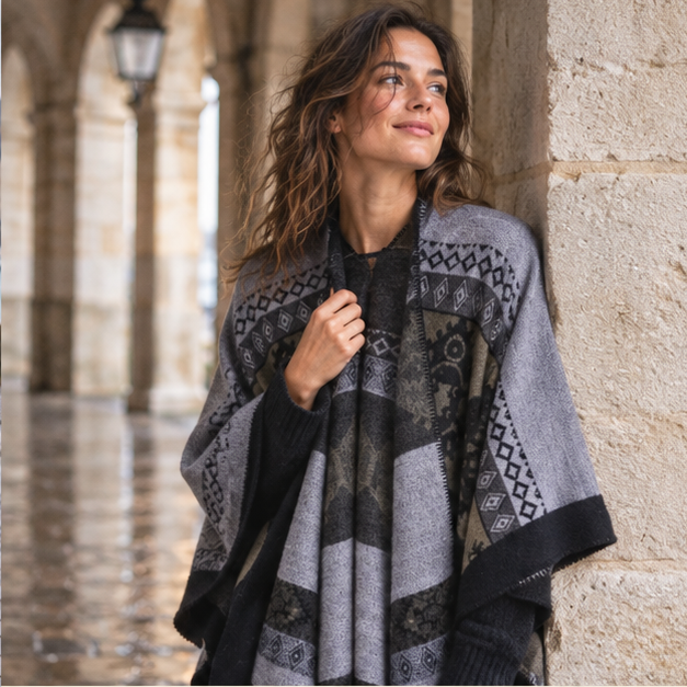 Cape Poncho Femme Ethnique – Noir / Adulte, dans un intérieur côtier lumineux