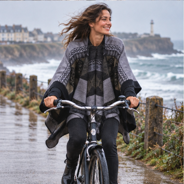 Cape Poncho Femme Ethnique – Noir / Adulte, porté en mouvement au bord de l’océan