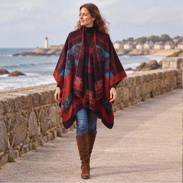 Cape Poncho Femme Ethnique – Rouge / Adulte, en situation sur la côte Atlantique