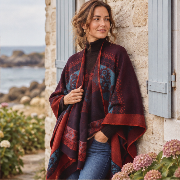 Cape Poncho Femme Ethnique – Rouge / Adulte, dans un intérieur côtier lumineux