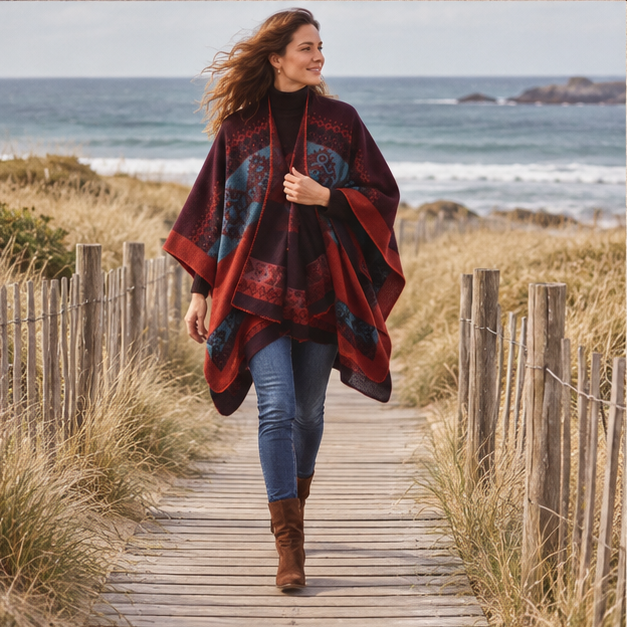 Cape Poncho Femme Ethnique – Rouge / Adulte, porté en mouvement au bord de l’océan