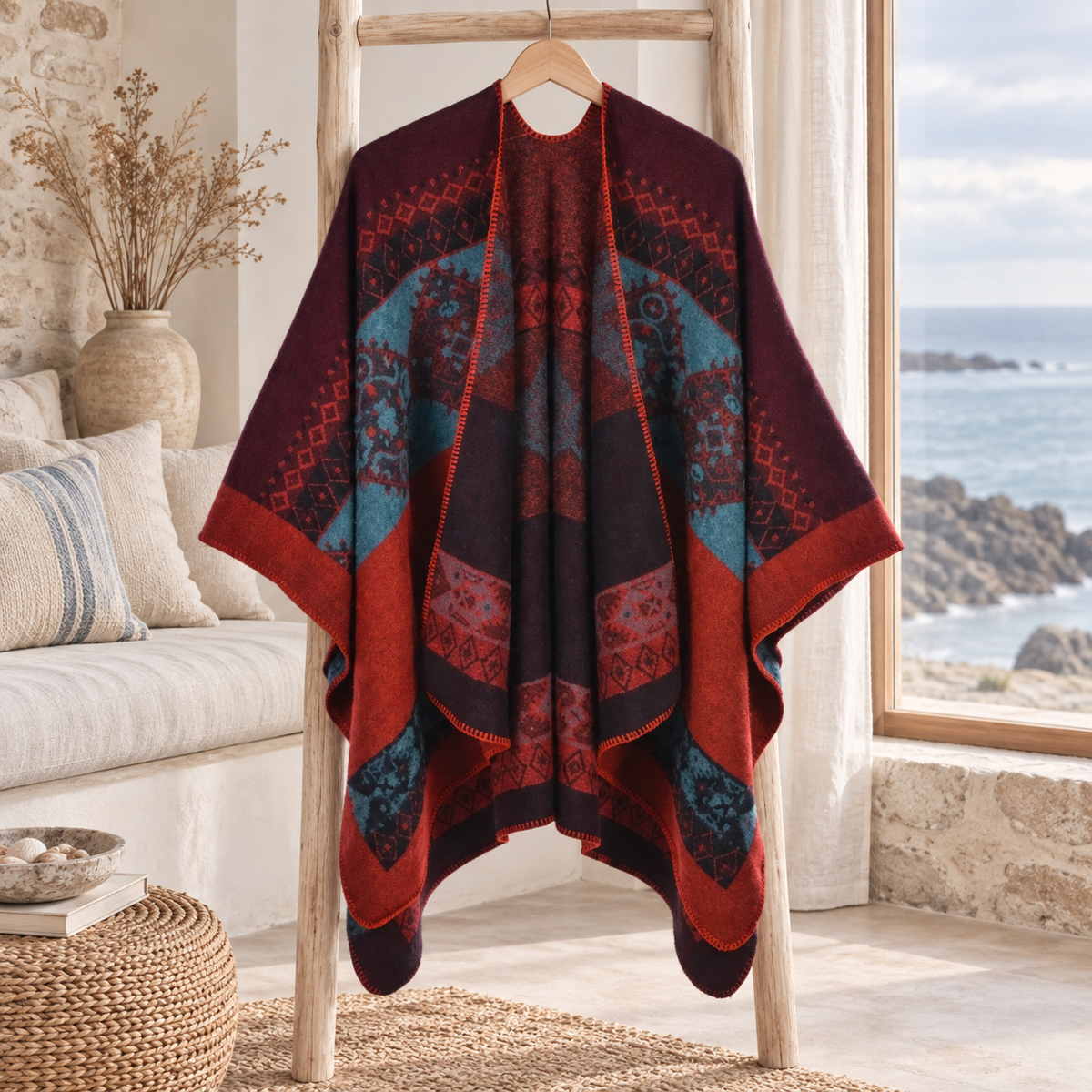 Cape Poncho Femme Ethnique – Rouge / Adulte, visuel principal lifestyle