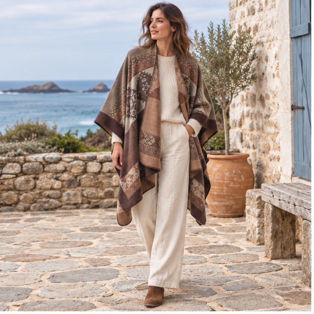 Cape Poncho Femme Ethnique – Camel / Adulte, en situation sur la côte Atlantique