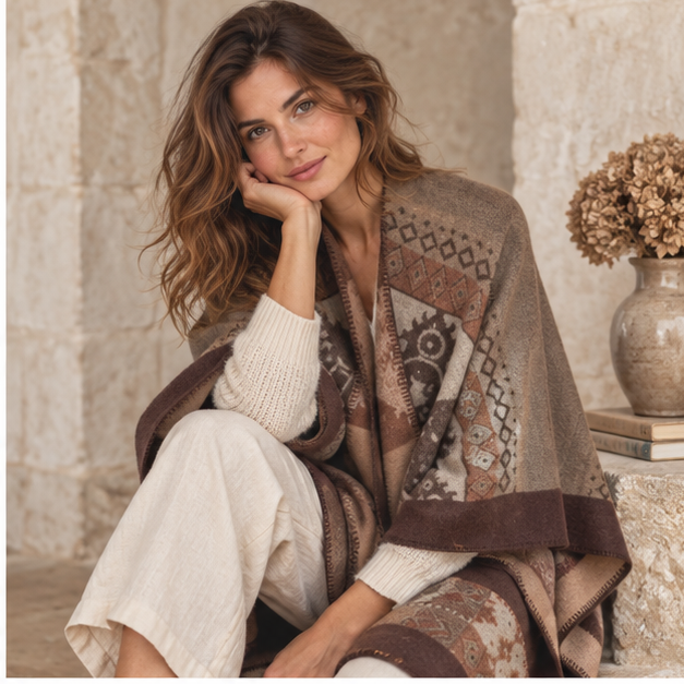 Cape Poncho Femme Ethnique – Camel / Adulte, dans un intérieur côtier lumineux