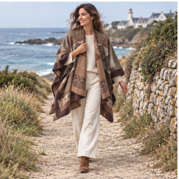 Cape Poncho Femme Ethnique – Camel / Adulte, porté en mouvement au bord de l’océan