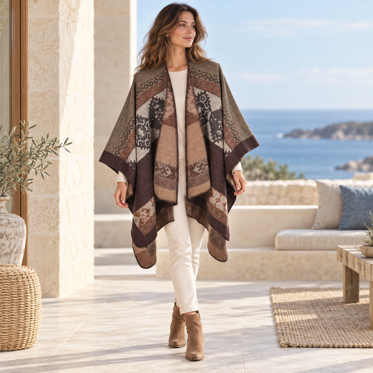 Cape Poncho Femme Ethnique – Camel / Adulte, visuel principal lifestyle