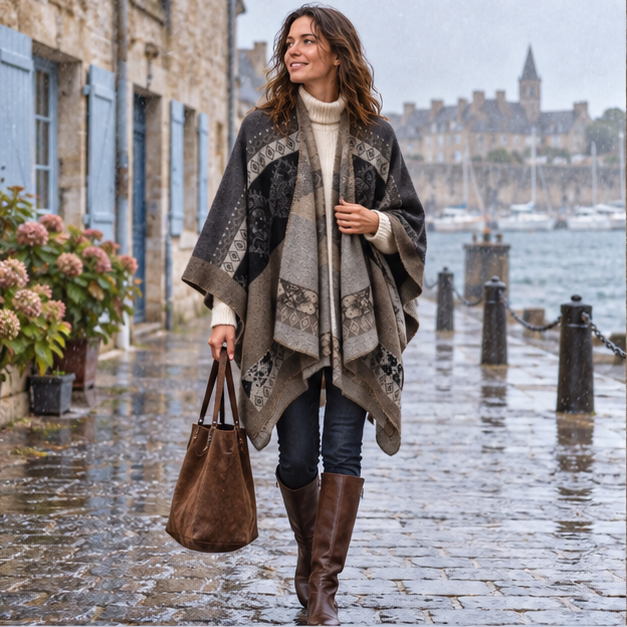 Cape Poncho Femme Ethnique – Café / Adulte, en situation sur la côte Atlantique