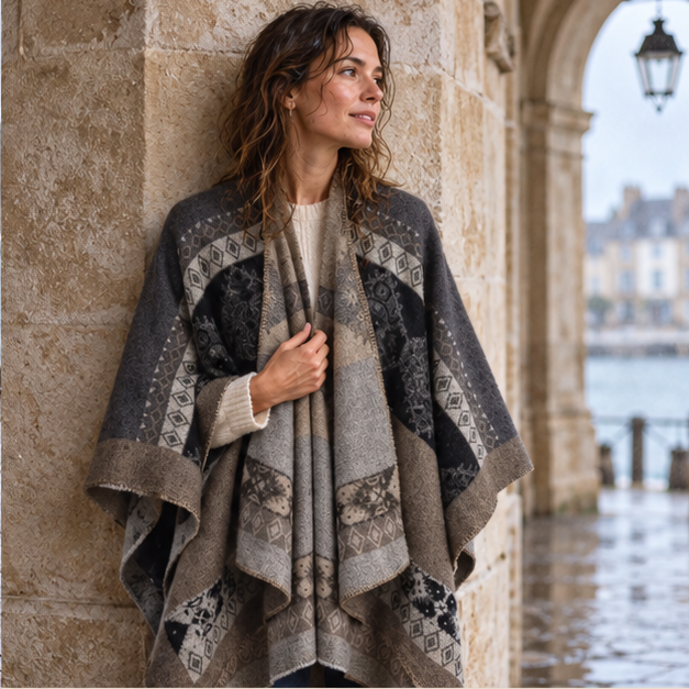 Cape Poncho Femme Ethnique – Café / Adulte, dans un intérieur côtier lumineux