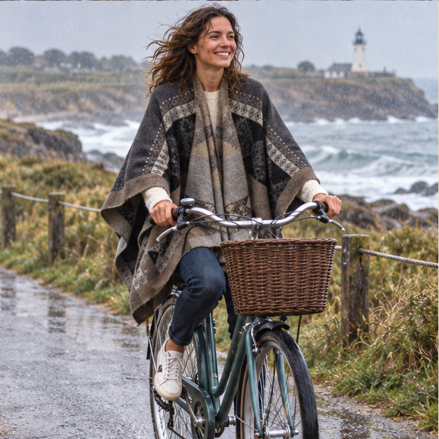 Cape Poncho Femme Ethnique – Café / Adulte, porté en mouvement au bord de l’océan