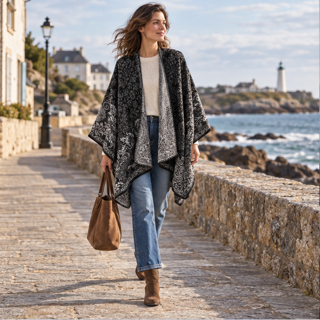 Cape Poncho Femme Motif Fleur – Noir / Adulte, en situation sur la côte Atlantique