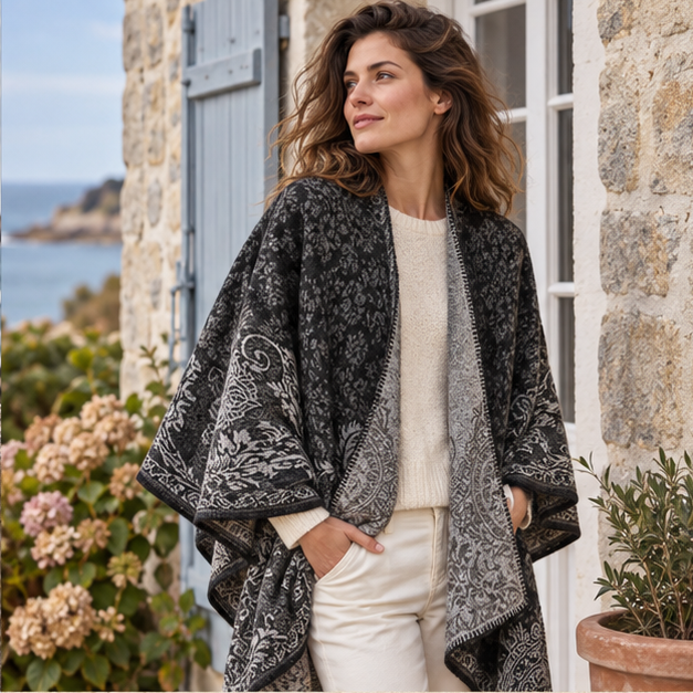 Cape Poncho Femme Motif Fleur – Noir / Adulte, dans un intérieur côtier lumineux