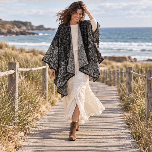 Cape Poncho Femme Motif Fleur – Noir / Adulte, porté en mouvement au bord de l’océan