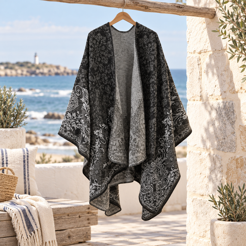 Cape Poncho Femme Motif Fleur – Noir / Adulte, visuel principal lifestyle