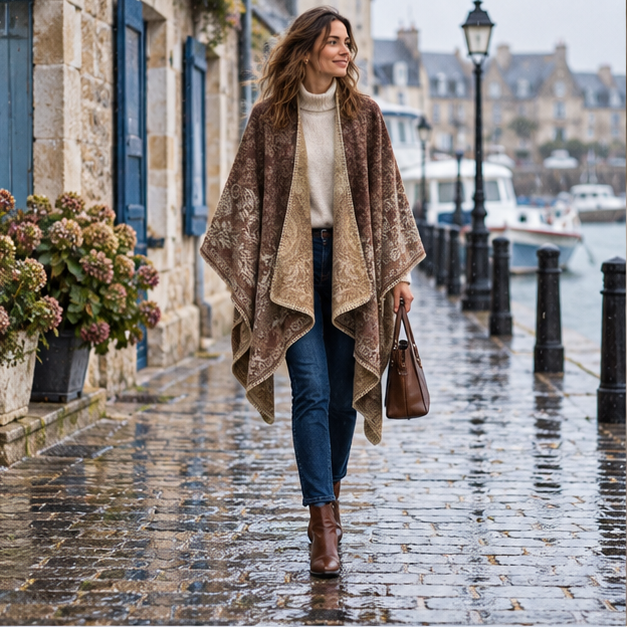 Cape Poncho Femme Motif Fleur – Marron / Adulte, en situation sur la côte Atlantique