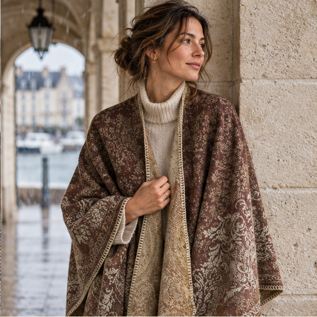 Cape Poncho Femme Motif Fleur – Marron / Adulte, dans un intérieur côtier lumineux