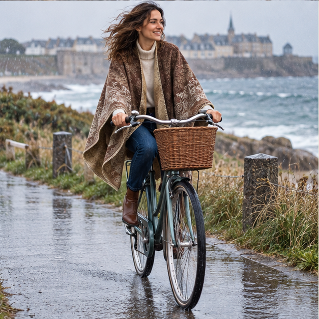Cape Poncho Femme Motif Fleur – Marron / Adulte, porté en mouvement au bord de l’océan