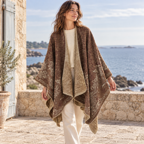 Cape Poncho Femme Motif Fleur – Marron / Adulte, visuel principal lifestyle
