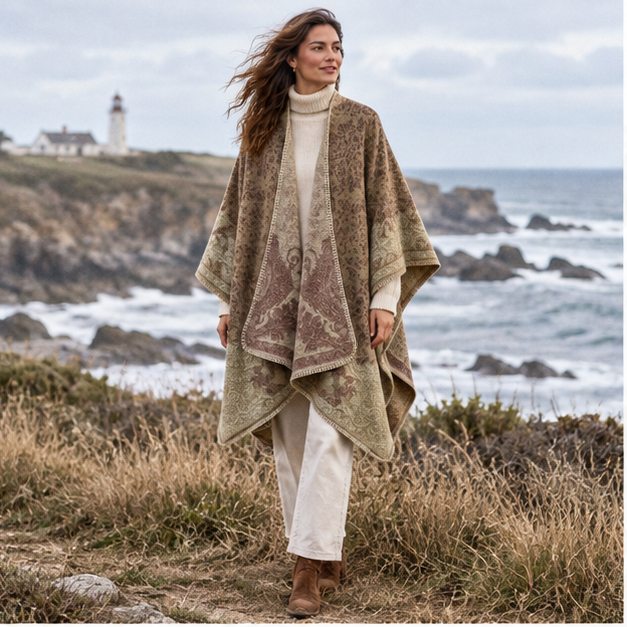 Cape Poncho Femme Motif Fleur – Beige / Adulte, en situation sur la côte Atlantique