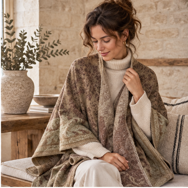Cape Poncho Femme Motif Fleur – Beige / Adulte, dans un intérieur côtier lumineux