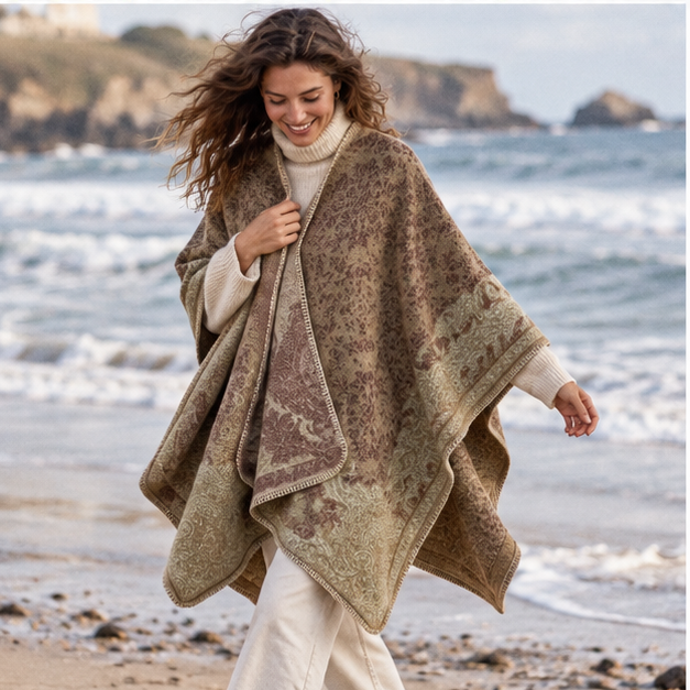 Cape Poncho Femme Motif Fleur – Beige / Adulte, porté en mouvement au bord de l’océan