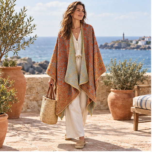 Cape Poncho Femme Motif Fleur – Orange / Adulte, en situation sur la côte Atlantique