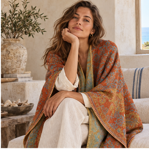 Cape Poncho Femme Motif Fleur – Orange / Adulte, dans un intérieur côtier lumineux