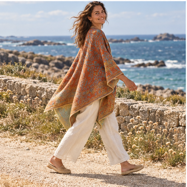 Cape Poncho Femme Motif Fleur – Orange / Adulte, porté en mouvement au bord de l’océan