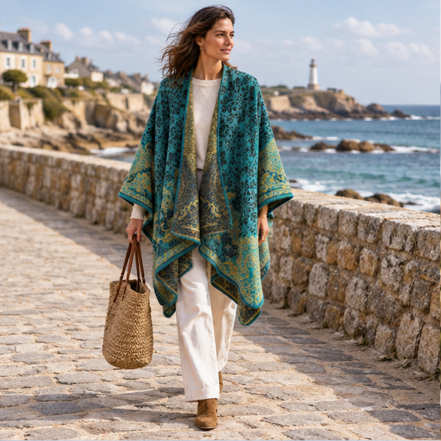 Cape Poncho Femme Motif Fleur – Bleu / Adulte, en situation sur la côte Atlantique