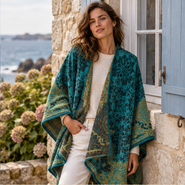 Cape Poncho Femme Motif Fleur – Bleu / Adulte, dans un intérieur côtier lumineux