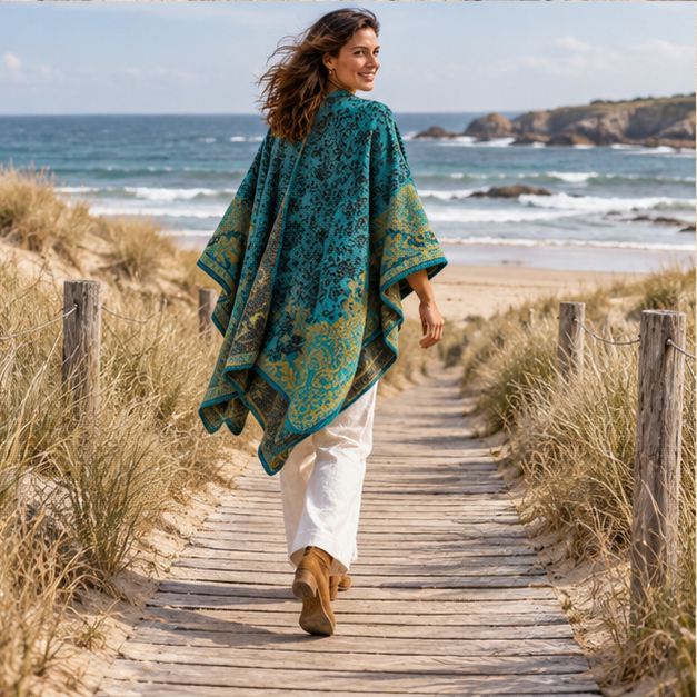 Cape Poncho Femme Motif Fleur – Bleu / Adulte, porté en mouvement au bord de l’océan