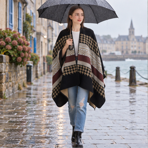 Cape Poncho Femme Motifs Péruvien – Noir / Adulte, en situation sur la côte Atlantique