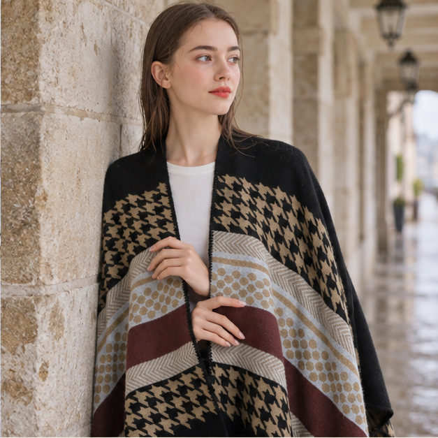 Cape Poncho Femme Motifs Péruvien – Noir / Adulte, dans un intérieur côtier lumineux