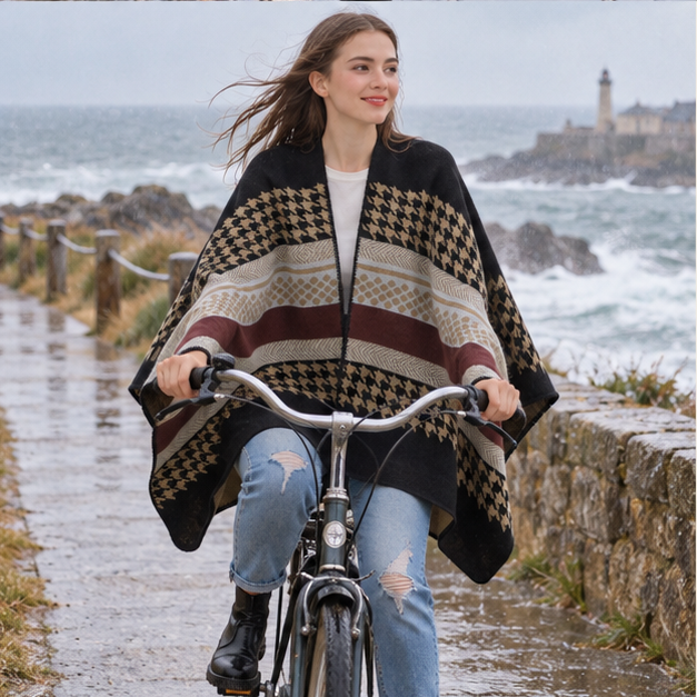 Cape Poncho Femme Motifs Péruvien – Noir / Adulte, porté en mouvement au bord de l’océan