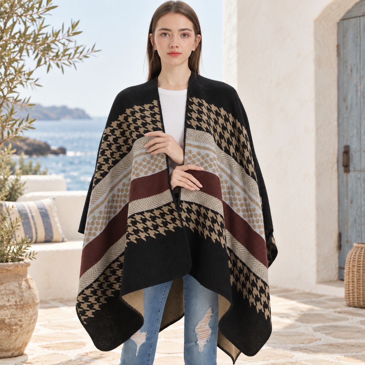 Cape Poncho Femme Motifs Péruvien – Noir / Adulte, visuel principal lifestyle