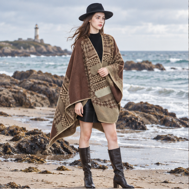 Cape Poncho Femme Motifs Péruvien – Beige / Adulte, en situation sur la côte Atlantique