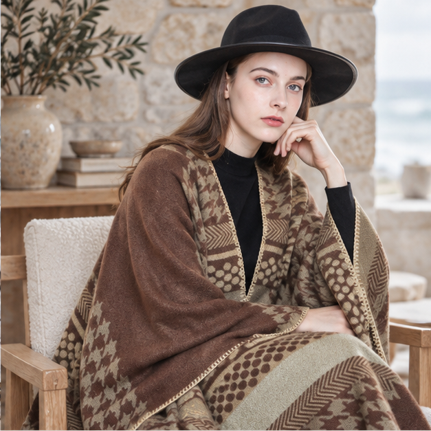 Cape Poncho Femme Motifs Péruvien – Beige / Adulte, dans un intérieur côtier lumineux