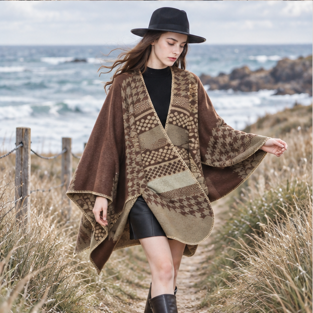 Cape Poncho Femme Motifs Péruvien – Beige / Adulte, porté en mouvement au bord de l’océan