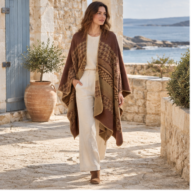 Cape Poncho Femme Motifs Péruvien – Marron / Adulte, en situation sur la côte Atlantique