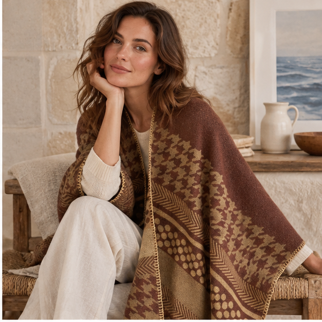 Cape Poncho Femme Motifs Péruvien – Marron / Adulte, dans un intérieur côtier lumineux