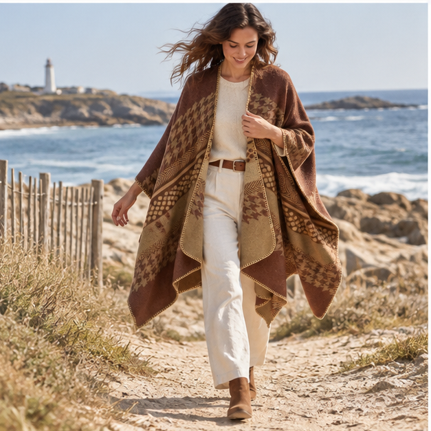 Cape Poncho Femme Motifs Péruvien – Marron / Adulte, porté en mouvement au bord de l’océan