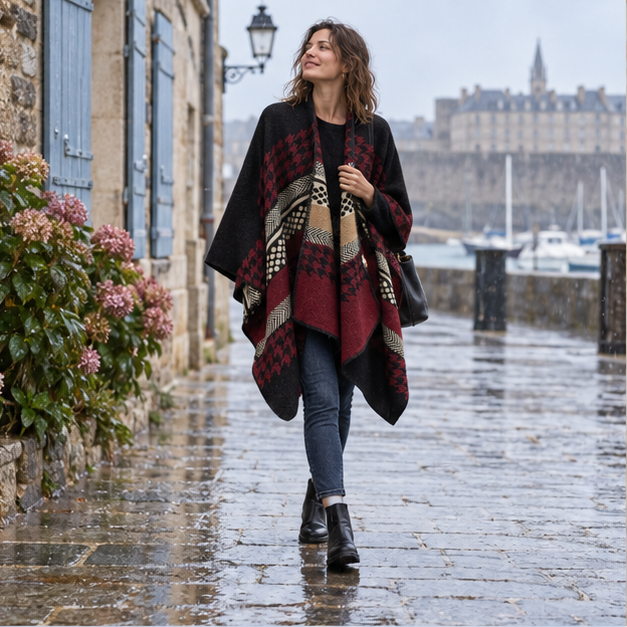 Cape Poncho Femme Motifs Péruvien – Bordeaux / Adulte, en situation sur la côte Atlantique