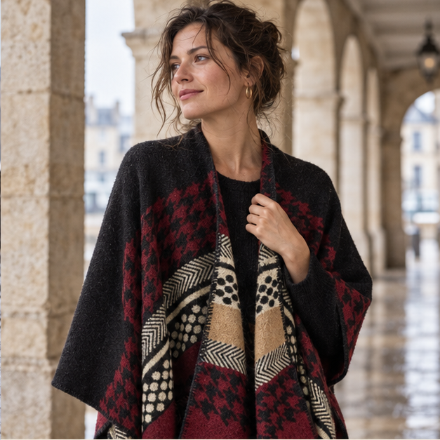 Cape Poncho Femme Motifs Péruvien – Bordeaux / Adulte, dans un intérieur côtier lumineux