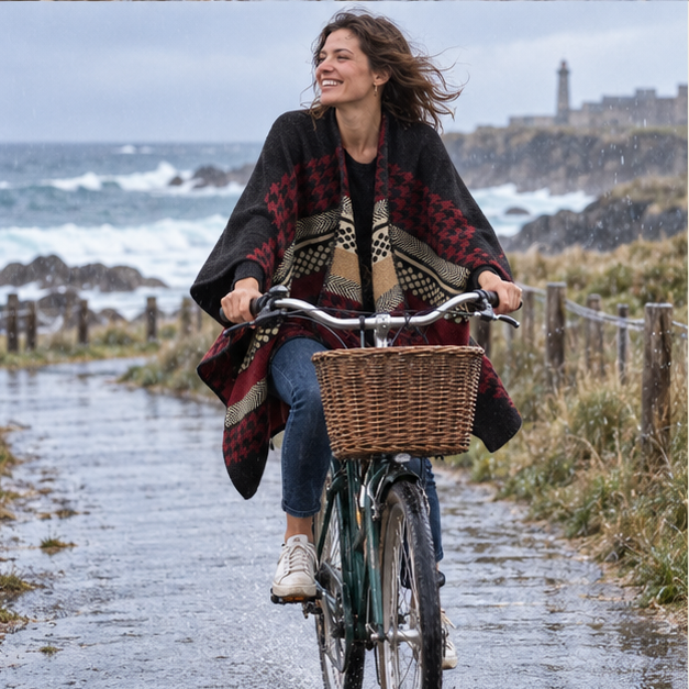 Cape Poncho Femme Motifs Péruvien – Bordeaux / Adulte, porté en mouvement au bord de l’océan