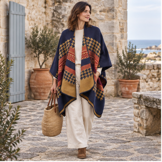 Cape Poncho Femme Motifs Péruvien – Bleu Marine / Adulte, en situation sur la côte Atlantique