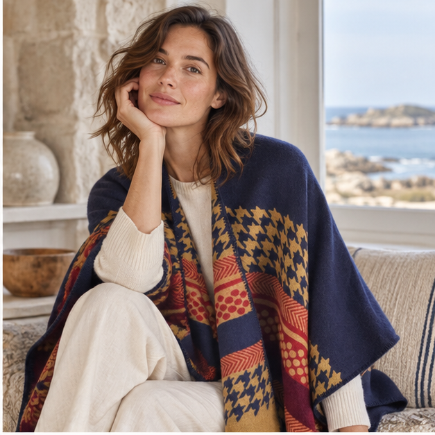 Cape Poncho Femme Motifs Péruvien – Bleu Marine / Adulte, dans un intérieur côtier lumineux