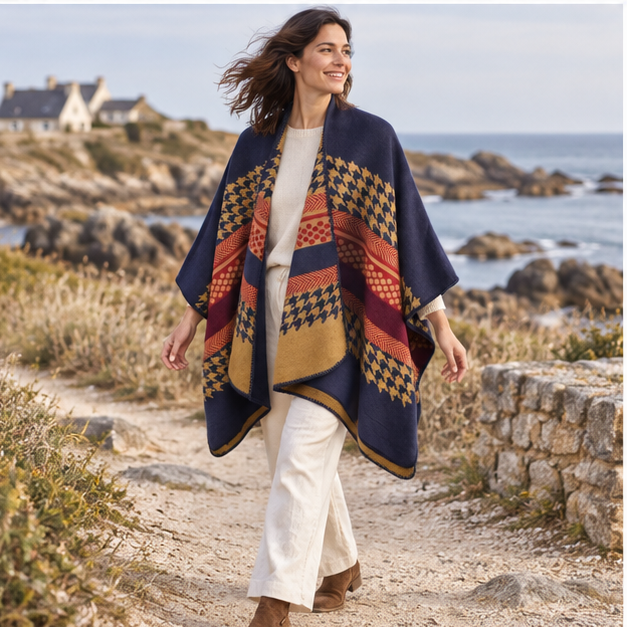 Cape Poncho Femme Motifs Péruvien – Bleu Marine / Adulte, porté en mouvement au bord de l’océan