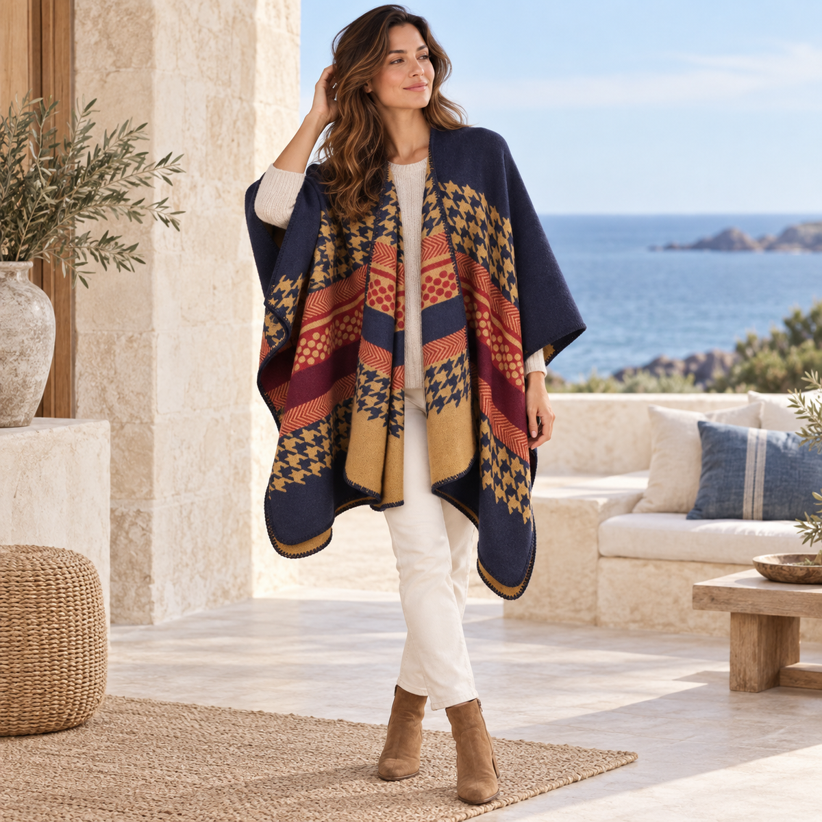 Cape Poncho Femme Motifs Péruvien – Bleu Marine / Adulte, visuel principal lifestyle